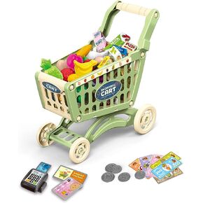 RedCrab Kids Shopping Cart Toy Supermarket 54pcs Playset Included Grocery Cart Toy,Credit Card Pretend Fruit Vegetables Shop Accessories for Boy Girl Kid (Blue)