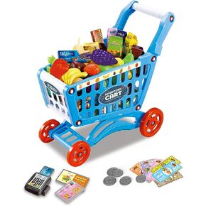 RedCrab Kids Shopping Cart Toy Supermarket Playset 64 قطعة متضمنة لعبة عربة البقالة، قطع الطعام، إكسسوارات متجر الفاكهة والخضروات للصبيان والبنات والأطفال (وردي-1) in Kuwait