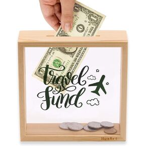 Piggy Banks for Adults，Wooden Money Coin Bank for Boys and Girls，Coin Bank Money Bank，Sized 6.5x6.5x2.2 Inch，Natural Wood Money Box，Travel Fund Printed on The Plexiglass Front. in Kuwait