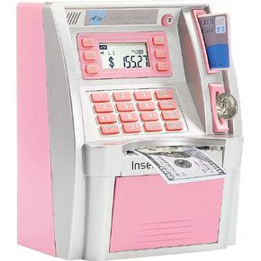GoodsFederation 2023 ترقية ATM Saving Piggy Money Bank للحصول على أموال حقيقية للأطفال البالغين مع بطاقة الخصم، تسجيل الدخول بكلمة المرور، التعرف على العملات المعدنية، حاسبة الرصيد، صندوق نقود إلكتروني آمن (فضي/وردي)