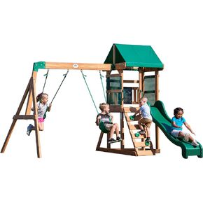 Backyard Discovery Buckley Hill Cedar Wood Swing Set with Wave Slide, Play Deck, Rock Wall Ladder, Belt Swings, Chalkboard, Canopy Roof, Outdoor Playset in Saudi Arabia