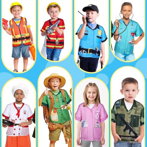 Jiuguva 12 Pcs Kids Pretend Play Costumes Firefighters Police Officers Astronauts Racers Unisex Cosplay Set(Classic) in Saudi Arabia