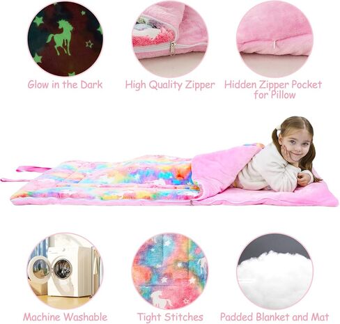 حقيبة نوم SUCHDECO للأطفال، حصيرة قيلولة مبطنة مقاس 63 بوصة × 29 بوصة مع توهج في الظلام ستار روكيت يونيكورن، حقيبة نوم من القطيفة الناعمة للأطفال الصغار والأولاد والبنات أثناء النوم والرعاية النهارية ومرحلة ما قبل المدرسة in Kuwait