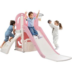 مجموعة Tensun 4 في 1 للتسلق والشرائح، مجموعة لعب منزلقة قائمة بذاتها مع طوق كرة السلة ومساحة تخزين، مجموعة لعب داخلية وخارجية للأطفال الصغار، وردي in Kuwait