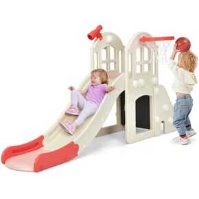 BABY JOY Toddler Large Slide, 6 in 1 Slide for Kids with Basketball Hoop, Ring Toss, 2 in 1 Convertible Climbing Way, Freestanding Kids Slide Climber Set for Indoors Outdoor Boys Girls Gifts Present