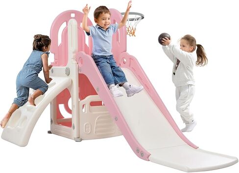 مجموعة Tensun 4 في 1 للتسلق والشرائح، مجموعة لعب منزلقة قائمة بذاتها مع طوق كرة السلة ومساحة تخزين، مجموعة لعب داخلية وخارجية للأطفال الصغار، وردي in Kuwait