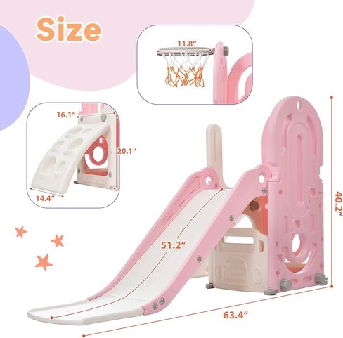 مجموعة Tensun 4 في 1 للتسلق والشرائح، مجموعة لعب منزلقة قائمة بذاتها مع طوق كرة السلة ومساحة تخزين، مجموعة لعب داخلية وخارجية للأطفال الصغار، وردي in Kuwait