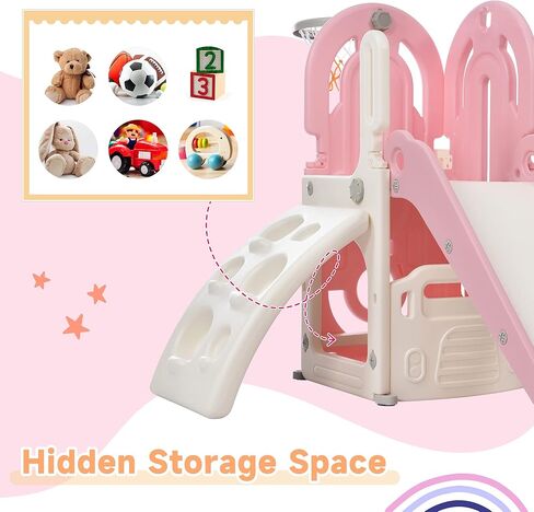 مجموعة Tensun 4 في 1 للتسلق والشرائح، مجموعة لعب منزلقة قائمة بذاتها مع طوق كرة السلة ومساحة تخزين، مجموعة لعب داخلية وخارجية للأطفال الصغار، وردي in Kuwait