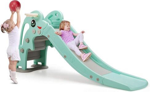 BABY JOY Toddler Slide, Folding Kids Play Slide with Extra Long Slipping Slope, Basketball Hoop, Ring Toss and Ball, Slides for Kids 3-5 Backyard Playground Gifts Indoor Outdoor Use (Blue Bear Bike) in Saudi Arabia