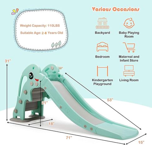 BABY JOY Toddler Slide, Folding Kids Play Slide with Extra Long Slipping Slope, Basketball Hoop, Ring Toss and Ball, Slides for Kids 3-5 Backyard Playground Gifts Indoor Outdoor Use (Blue Bear Bike) in Saudi Arabia