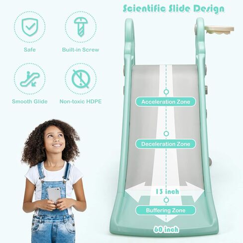 BABY JOY Toddler Slide, Folding Kids Play Slide with Extra Long Slipping Slope, Basketball Hoop, Ring Toss and Ball, Slides for Kids 3-5 Backyard Playground Gifts Indoor Outdoor Use (Blue Bear Bike) in Saudi Arabia
