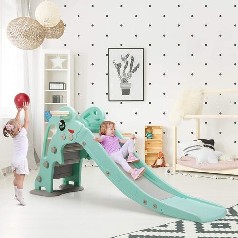 BABY JOY Toddler Slide, Folding Kids Play Slide with Extra Long Slipping Slope, Basketball Hoop, Ring Toss and Ball, Slides for Kids 3-5 Backyard Playground Gifts Indoor Outdoor Use (Blue Bear Bike) in Saudi Arabia