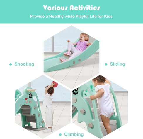 BABY JOY Toddler Slide, Folding Kids Play Slide with Extra Long Slipping Slope, Basketball Hoop, Ring Toss and Ball, Slides for Kids 3-5 Backyard Playground Gifts Indoor Outdoor Use (Blue Bear Bike) in Saudi Arabia