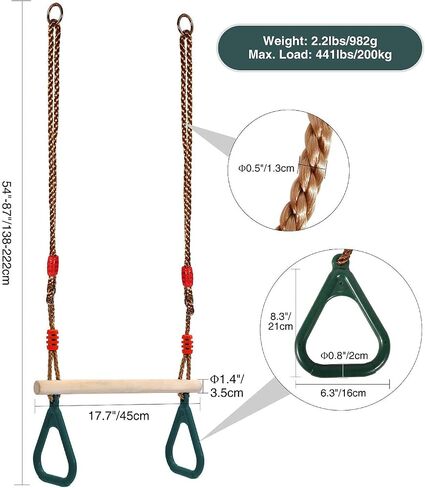 RedSwing Trapeze Swing Bar Rings, Trapeze Bar for Kids with Adjustable Rope, Locking Straps, Outdoor Swing Set Playground Accessories, Green in Kuwait