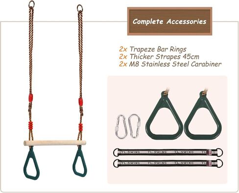 RedSwing Trapeze Swing Bar Rings, Trapeze Bar for Kids with Adjustable Rope, Locking Straps, Outdoor Swing Set Playground Accessories, Green in Kuwait
