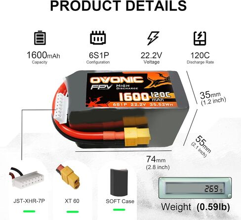 OVONIC 6s Lipo Battery 120C 1200mAh 22.2V Lipo Battery with XT60 Connector for RC FPV Racing Drone Quadcopter in Saudi Arabia
