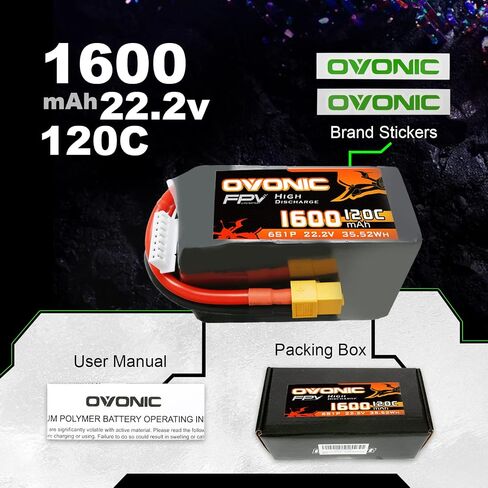 OVONIC 6s Lipo Battery 120C 1200mAh 22.2V Lipo Battery with XT60 Connector for RC FPV Racing Drone Quadcopter in Saudi Arabia