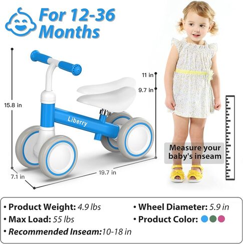 Liberry Baby Balance Bike for 1 Year Old Boys, 4 Wheels Toddler Balance Bike with Adjustable Seat, 12-24 Months Infant's First Birthday Gift (Black) in Saudi Arabia