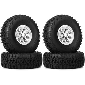 4Pcs 1.55 Inch Aluminum Beadlock Wheel Tires Rubber Tyre for 1/10 RC Crawler Car D90 TF2 Tamiya CC01 LC70 LC80(Silver)
