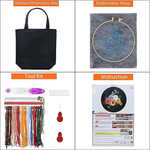 White Cotton Canvas Tote Bag Embroidery Kit,Flowers Art Pattern,Cross Stitch Kits, Including Stamped Embroidery Bag with Hoops,Needle, Instruction Manual and Color Threads for Beginner (JQ03) in Saudi Arabia
