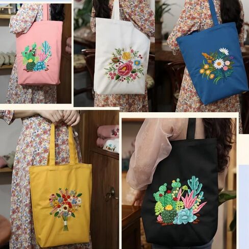 White Cotton Canvas Tote Bag Embroidery Kit,Flowers Art Pattern,Cross Stitch Kits, Including Stamped Embroidery Bag with Hoops,Needle, Instruction Manual and Color Threads for Beginner (JQ03) in Saudi Arabia