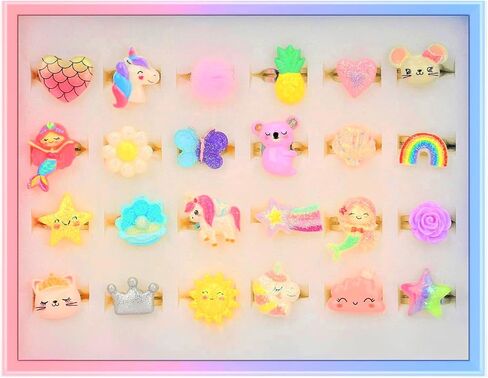 TPIVG Little Girl Adjustable Size Jewelry Rings in Box, Kids Pretend Play and Dress Up Flash Rings, Daughter's Gift, No duplication 24 Jewel Rings in Kuwait