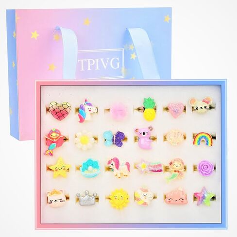 TPIVG Little Girl Adjustable Size Jewelry Rings in Box, Kids Pretend Play and Dress Up Flash Rings, Daughter's Gift, No duplication 24 Jewel Rings in Kuwait