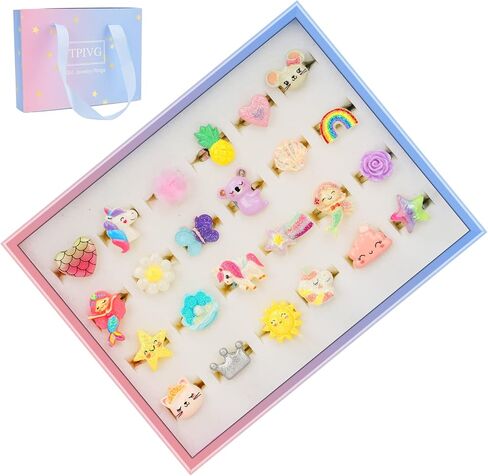 TPIVG Little Girl Adjustable Size Jewelry Rings in Box, Kids Pretend Play and Dress Up Flash Rings, Daughter's Gift, No duplication 24 Jewel Rings in Kuwait