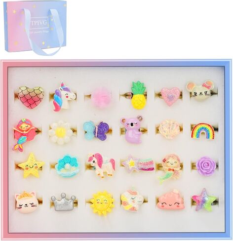 TPIVG Little Girl Adjustable Size Jewelry Rings in Box, Kids Pretend Play and Dress Up Flash Rings, Daughter's Gift, No duplication 24 Jewel Rings in Kuwait