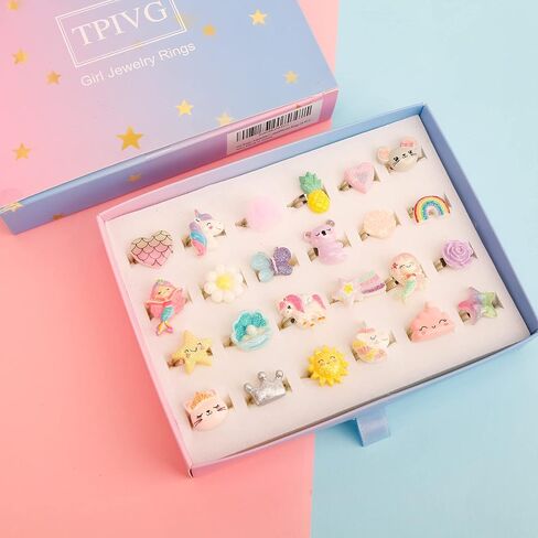 TPIVG Little Girl Adjustable Size Jewelry Rings in Box, Kids Pretend Play and Dress Up Flash Rings, Daughter's Gift, No duplication 24 Jewel Rings in Kuwait