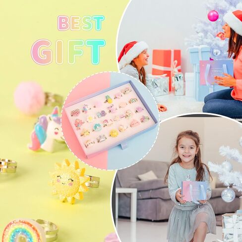 TPIVG Little Girl Adjustable Size Jewelry Rings in Box, Kids Pretend Play and Dress Up Flash Rings, Daughter's Gift, No duplication 24 Jewel Rings in Kuwait
