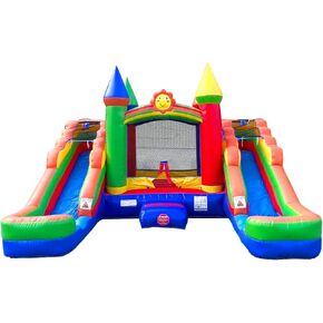 Pogo Bounce House Inflatable Bounce and Double Slide Combo (Without Blower) - 16' Long x 15' Wide Crossover Pink and Purple Castle Combo Bouncer, Kids Outdoor Toys and Jumpers