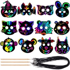 Halloween Mask Craft Kit for Kids, DIY Rainbow Scratch Art Masks with 12 Elastic Bands and 3 Wood Stylus, Halloween Scratch Paper Animal Masks for Birthday and Video Rave Party in Saudi Arabia