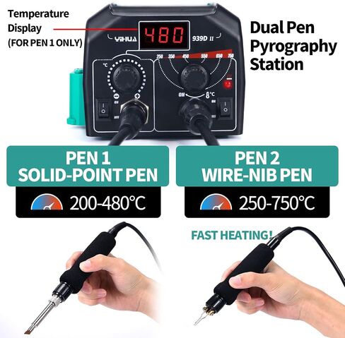 YIHUA 939D-II Pyrography Pen Wood Burning Kit Station 2-in-1 Solid-Point 200~480°C (with Temp Display)/Wire-Nib 250~750°C with 20 Nibs, Solid Points, 1 Stable Pen Holder, 2 Scrap Wood (Blue) in Kuwait