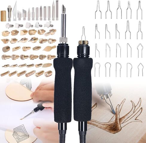 YIHUA 939D-II Pyrography Pen Wood Burning Kit Station 2-in-1 Solid-Point 200~480°C (with Temp Display)/Wire-Nib 250~750°C with 20 Nibs, Solid Points, 1 Stable Pen Holder, 2 Scrap Wood (Blue) in Kuwait