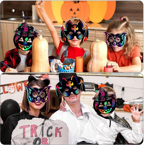 Halloween Mask Craft Kit for Kids, DIY Rainbow Scratch Art Masks with 12 Elastic Bands and 3 Wood Stylus, Halloween Scratch Paper Animal Masks for Birthday and Video Rave Party in Saudi Arabia