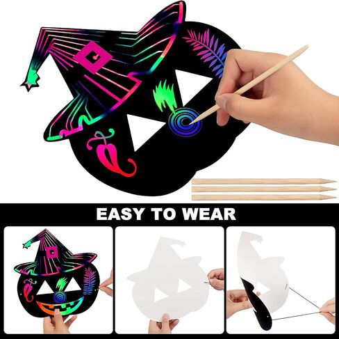 Halloween Mask Craft Kit for Kids, DIY Rainbow Scratch Art Masks with 12 Elastic Bands and 3 Wood Stylus, Halloween Scratch Paper Animal Masks for Birthday and Video Rave Party in Saudi Arabia