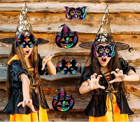 Halloween Mask Craft Kit for Kids, DIY Rainbow Scratch Art Masks with 12 Elastic Bands and 3 Wood Stylus, Halloween Scratch Paper Animal Masks for Birthday and Video Rave Party in Saudi Arabia