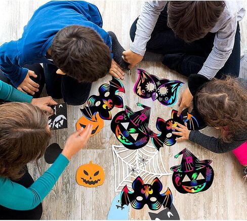 Halloween Mask Craft Kit for Kids, DIY Rainbow Scratch Art Masks with 12 Elastic Bands and 3 Wood Stylus, Halloween Scratch Paper Animal Masks for Birthday and Video Rave Party in Saudi Arabia