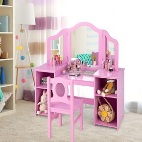 Kids Vanity, 2 in 1 Pink Wooden Dressing Table and Chair Set for Toddlers with Tri-Folding Detachable Mirror, Storage Shelves, Pretend Princess Beauty Make Up Play Set for Little Girls in Saudi Arabia