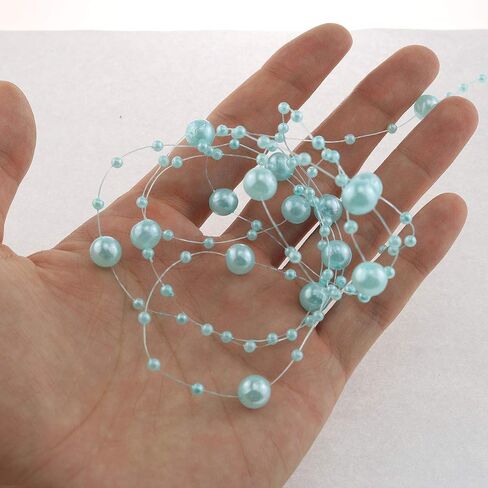 E-outstanding Pearl Garland 30m/98ft Fishing Line Artificial Blue Pearls Beads Chain String Garland Roll Pearl Beaded Trim for DIY Wedding Party Bouquet Decor 8mm and 3mm in Saudi Arabia