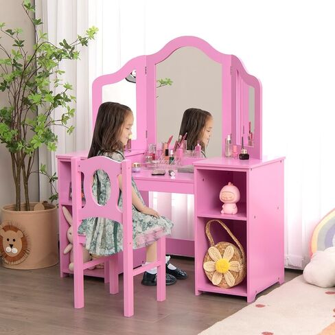 Kids Vanity, 2 in 1 Pink Wooden Dressing Table and Chair Set for Toddlers with Tri-Folding Detachable Mirror, Storage Shelves, Pretend Princess Beauty Make Up Play Set for Little Girls in Kuwait
