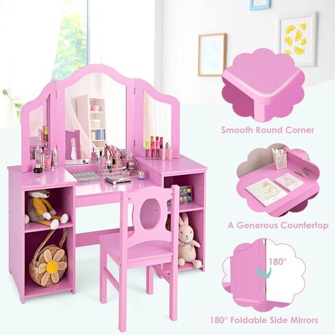 Kids Vanity, 2 in 1 Pink Wooden Dressing Table and Chair Set for Toddlers with Tri-Folding Detachable Mirror, Storage Shelves, Pretend Princess Beauty Make Up Play Set for Little Girls in Kuwait