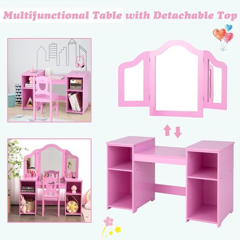Kids Vanity, 2 in 1 Pink Wooden Dressing Table and Chair Set for Toddlers with Tri-Folding Detachable Mirror, Storage Shelves, Pretend Princess Beauty Make Up Play Set for Little Girls in Kuwait