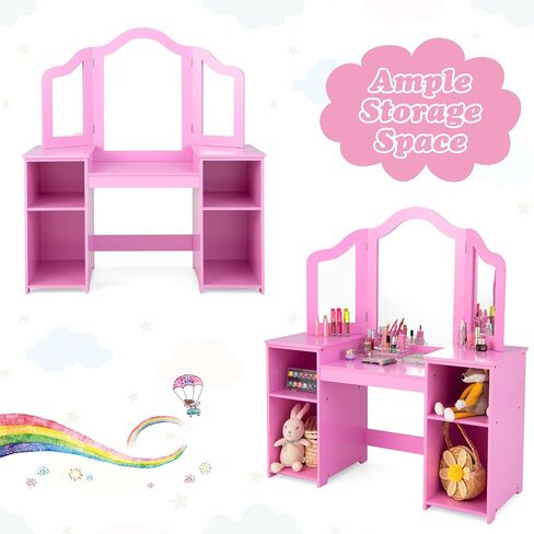 Kids Vanity, 2 in 1 Pink Wooden Dressing Table and Chair Set for Toddlers with Tri-Folding Detachable Mirror, Storage Shelves, Pretend Princess Beauty Make Up Play Set for Little Girls in Kuwait