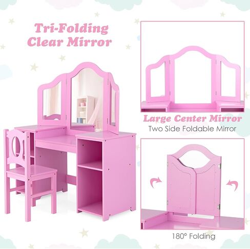 Kids Vanity, 2 in 1 Pink Wooden Dressing Table and Chair Set for Toddlers with Tri-Folding Detachable Mirror, Storage Shelves, Pretend Princess Beauty Make Up Play Set for Little Girls in Kuwait