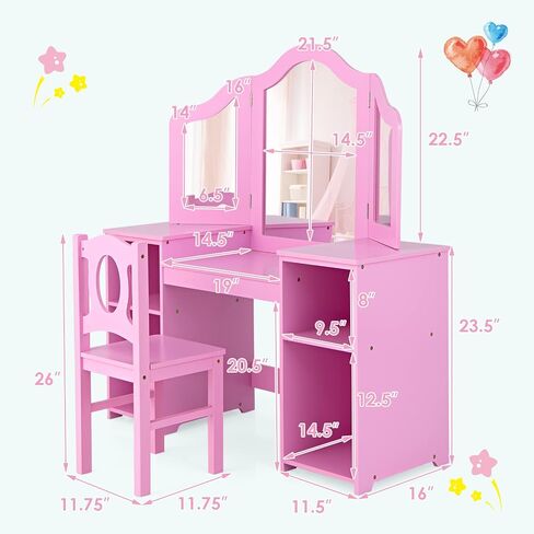 Kids Vanity, 2 in 1 Pink Wooden Dressing Table and Chair Set for Toddlers with Tri-Folding Detachable Mirror, Storage Shelves, Pretend Princess Beauty Make Up Play Set for Little Girls in Kuwait