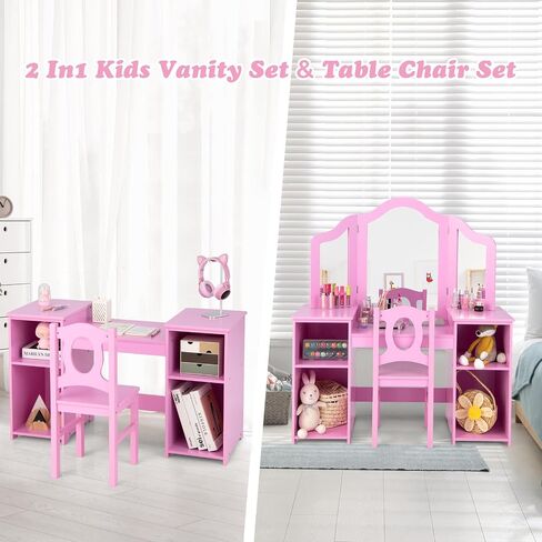 Kids Vanity, 2 in 1 Pink Wooden Dressing Table and Chair Set for Toddlers with Tri-Folding Detachable Mirror, Storage Shelves, Pretend Princess Beauty Make Up Play Set for Little Girls in Kuwait