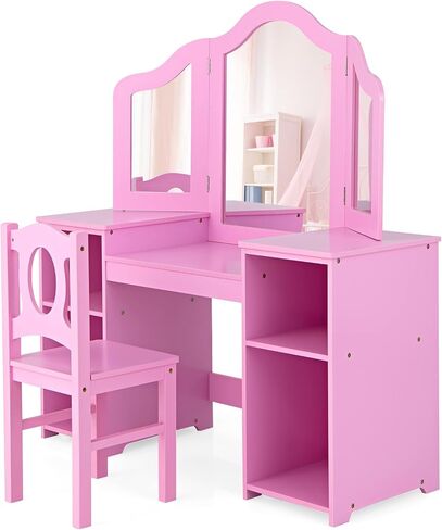 Kids Vanity, 2 in 1 Pink Wooden Dressing Table and Chair Set for Toddlers with Tri-Folding Detachable Mirror, Storage Shelves, Pretend Princess Beauty Make Up Play Set for Little Girls in Kuwait