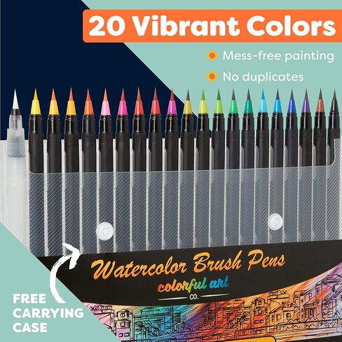DiYiMi Colorful Art Co. Brush Pens - 20 Piece Watercolor Pen Set w/Premium Brush Tip – Vibrant Paint Markers for Blending, Painting, Coloring, Lettering, Calligraphy, Arts and Crafts in Kuwait